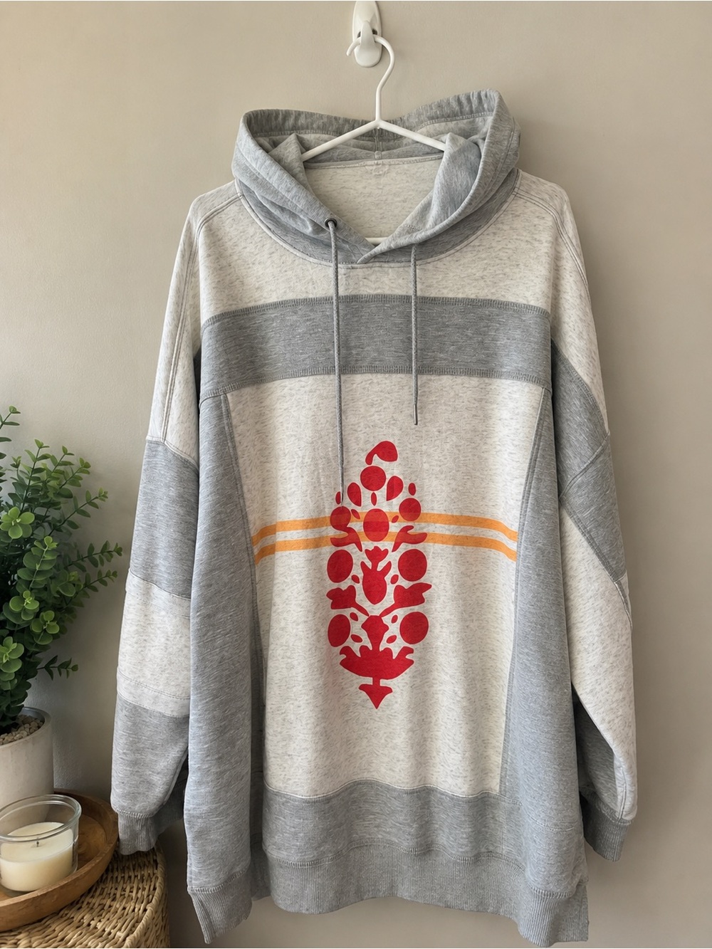 Free people  Grey Hooded Pullover Sweatshirt with Red Graphic